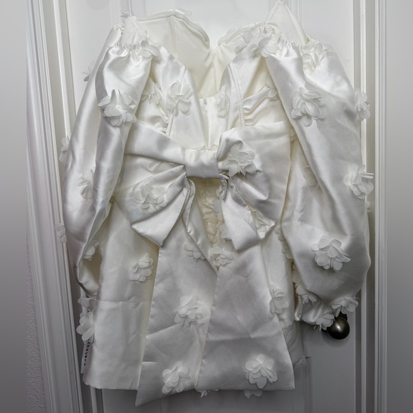 NEW‎ ASOS Luxe white balloon sleeved dress with 3-D flowers and bow detail sz 10 - Picture 6 of 14